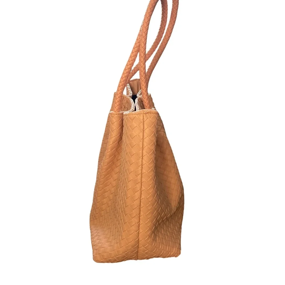 LuLu Dharma Woven Vegan Leather Tote Bag Blush Pink Braided Handle Shoulder‎ Bag